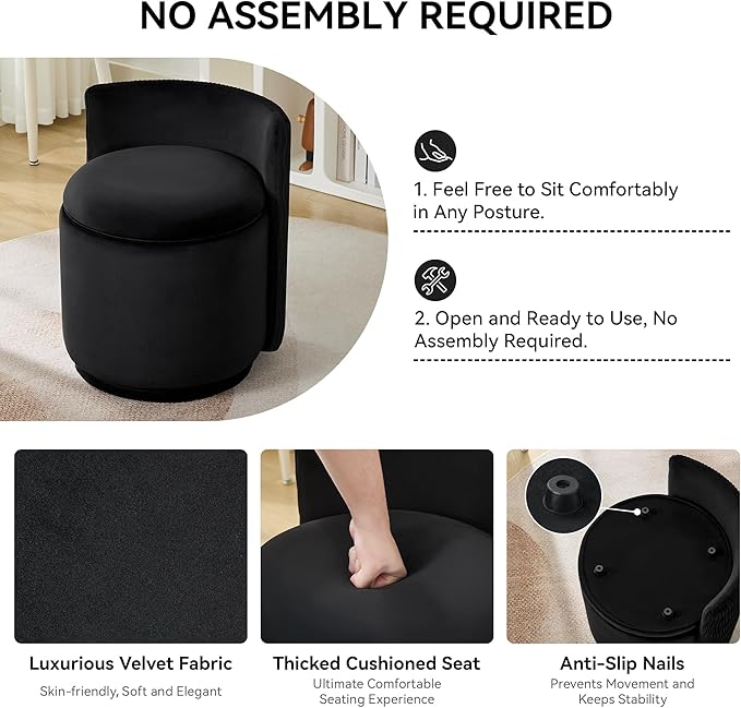 Velvet Vanity Chair with Storage, 360° Swivel Makeup Chair with Wave Back, No Assembly Small Accent Stool for Bedroom, Dressing, Living Room, Black
