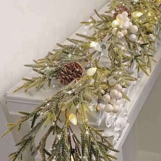 6FT Pre-lit Christmas Garlands with Lights Artificial Christmas Lighted Greenery Pine Cones Garland with White Berries for Christmas Door Mantle Stairs Railing Home Holiday Xmas Decoration Indoor