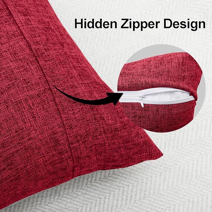 JIUZHEN 18x18 Inch Red Faux Linen Christmas Pillow Covers Set of 2, Holiday Festive Decorative Cushion Covers for Sofa Bed, Soft Washable Zippered Pillowcase