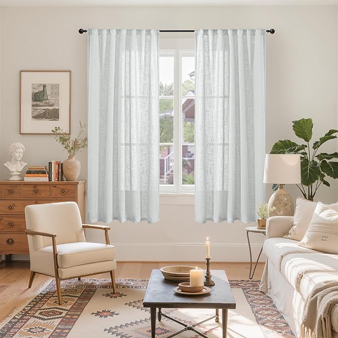 YoungsTex Light Grey Linen Curtains 63 Inch Length for Living Room Window, Semi Sheer Drapes Textured Light Filtering with Rod Pocket Back Tab for Bedroom, 2 Panels, 42 X 63 Inch