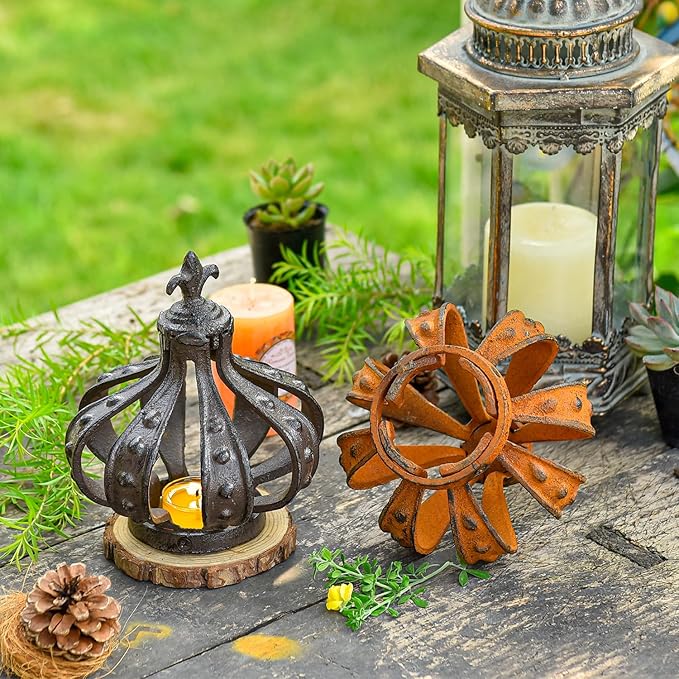Sungmor Cast Iron Crown Sculpture, Antique Brown with Rustic Accent, Creative Candle Cover, Centerpiece Art Crown Statue for Tabletop Decor, Bookshelf, Special Occasions
