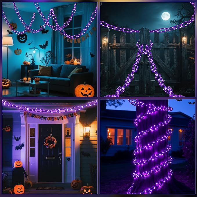 Halloween String Lights,Hopolon 13.7Ft 175LED Halloween Decorations Chain Lights Outdoor/Indoor Plastic Purple Light Battery USB with Waterproof, 8Modes&Timer for Home Garden Patio Porch Spooky Decor
