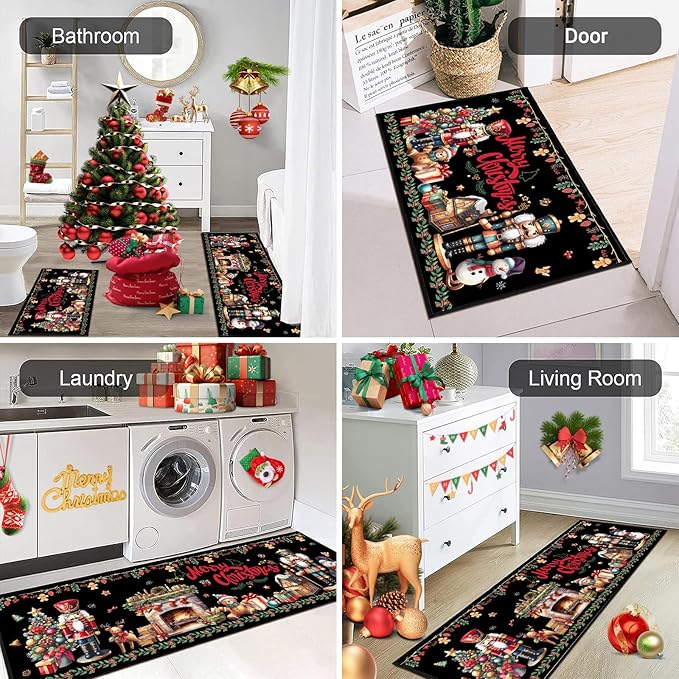 2 Piece Christmas Nutcracker Themed Kitchen Rug Set, Soft and Absorbent Non-Slip Kitchen Floor Mats, Winter Merry Christmas Decor 17x30+17x47 Inches
