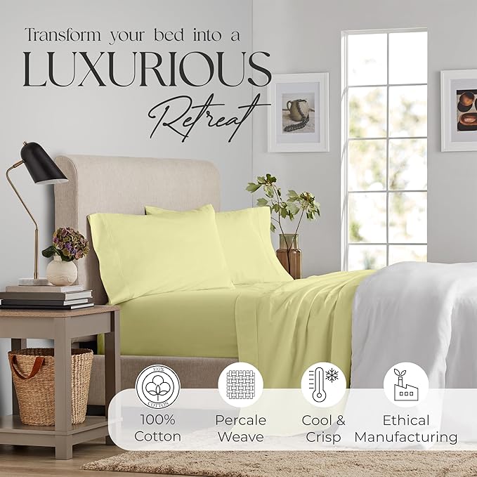 SUPREME ELEGANCE King Size Sheets Set –Natural 100% Cotton Percale Sheets King Bed Set, Oeko-tex Made in Green Sustainable, Breathable Cooling Deep Pocket Sheet, Crisp Luxury Bedding, Light Yellow