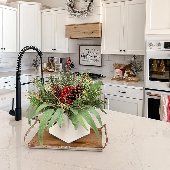 DILATATA Christmas Centerpieces 8 Inch Artificial Christmas Plant in Square Wooden Pot Tabletop Pine Plants with Red Berries Pine Cones Eucalyptus for Winter Holiday Party Fireplace Mantel Xmas Decor
