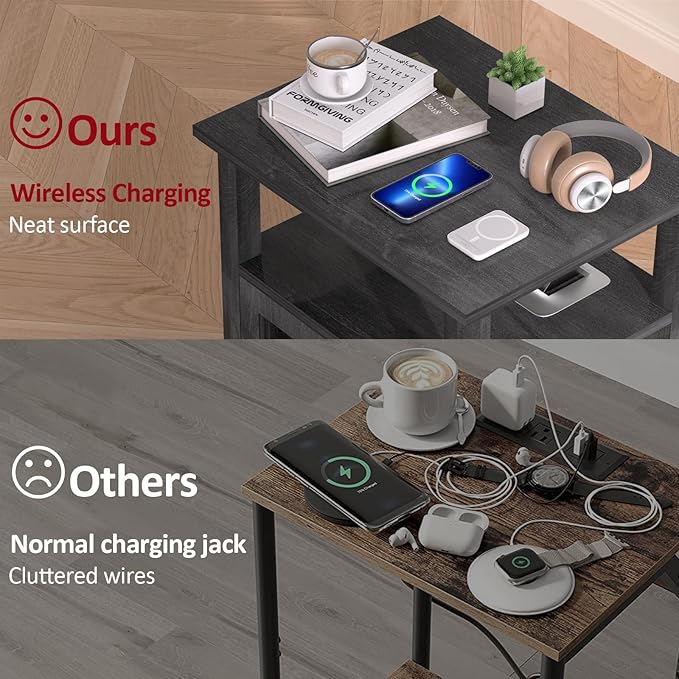 HIFYOBRO 18'' End Table with Charging Station, Adjustable Shelf & Storage, Modern Farmhouse Nightstand for Bedroom, Living Room, Office