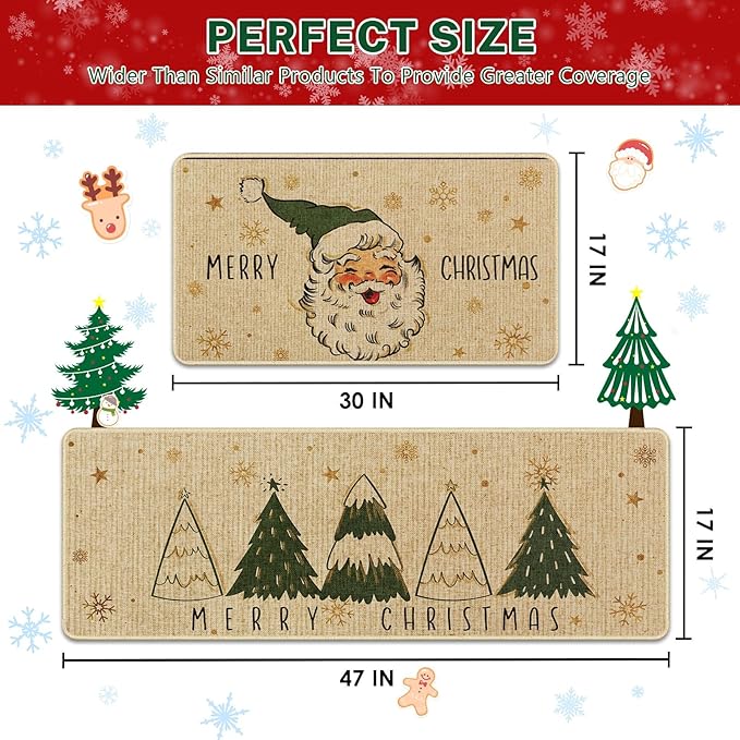 Christmas Snow Santa Kitchen Rugs and Mats Non Skid Washable Set of 2, Xmas Kitchen Mats for Floor Decor
