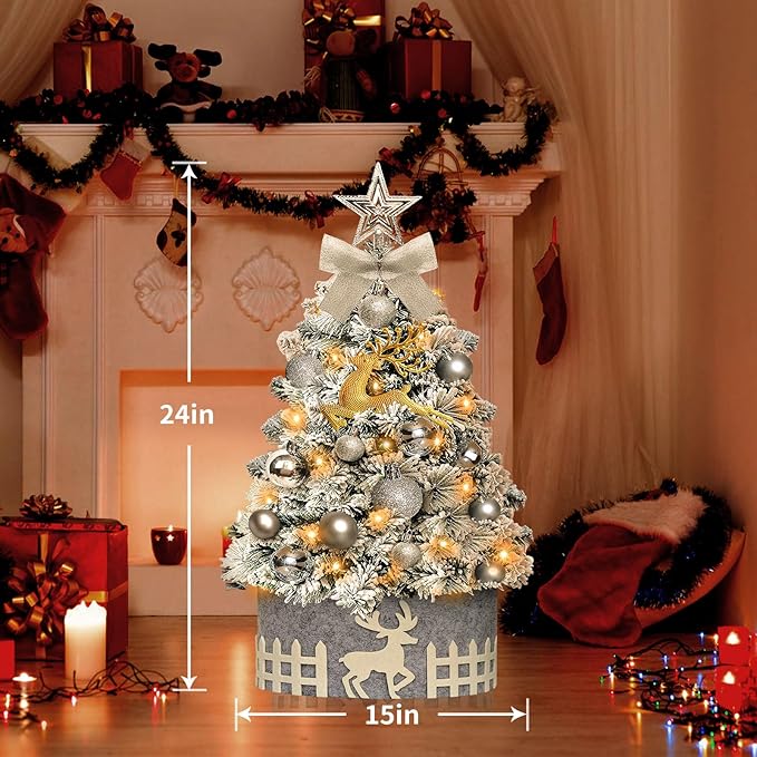 Mini Flocked Christmas Tree with Lights, 2ft Small Tabletop Tree with 24pcs DIY Decorations, LED Lights for Indoor Holiday Decor