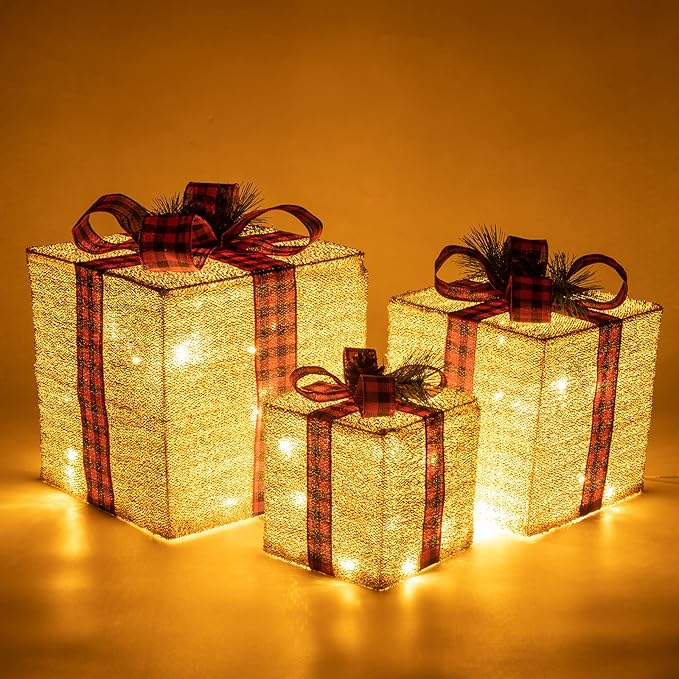 Sunnyglade 10"-8"-6" Set of 3 Christmas Lighted Gift Boxes Decoration Boxes with Plug, Bows, Artificial Pine Leaves and Pine Cones for Christmas, Weddings Yard Home Holiday Art Decoration