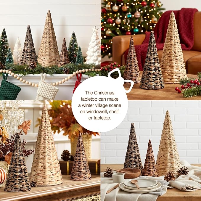 3pcs Woven Water Hyacinth Christmas Trees Decor, Artificial Christmas Tree Decorations for Home Party Table Village Craft Indoor Outdoor Vintage Christmas Decor(Natural+Black+Brown)