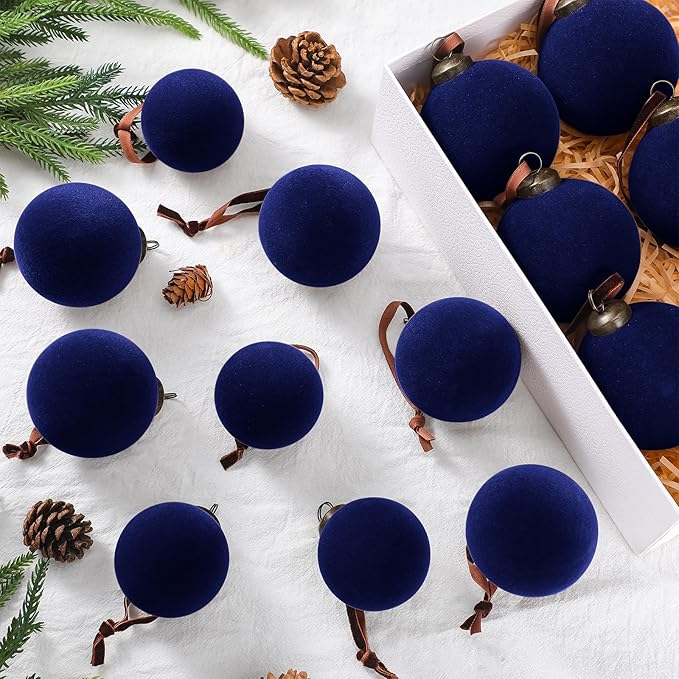 36 Pcs Velvet Christmas Balls Bulk - Flocked Christmas Tree Ball Ornaments Hanging Decoration for Xmas Tree, Wreath, Home or Party Decorations, 2.36", 2.76", 3.15"(Navy Blue)