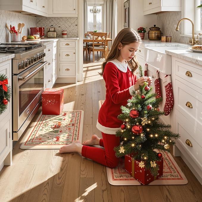 Collive Christmas Snowman Kitchen Floor Mats, Winter Xmas Tree Cushioned Anti Fatigue Kitchen Rugs 2 Piece Waterproof Elk Sled Sink Mat, Non Slip Foam Comfort Standing Desk Rug for Home Decor, Beige