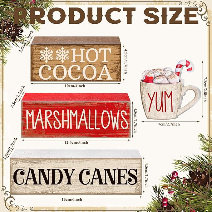 4 Pcs Wooden Christmas Tabletop Decor Hot Cocoa Tiered Tray Decor Rustic Wood Hot Cocoa Block Sign Gift Merry Christmas Centerpiece Farmhouse Winter Table Decoration
