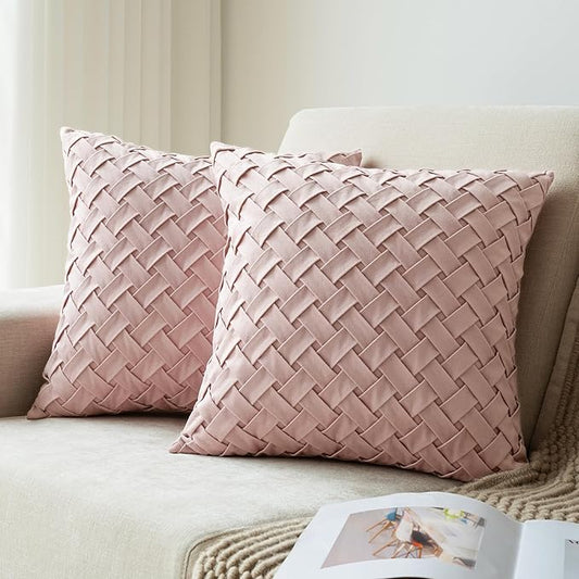 Velvet Decorative Throw Pillow Covers Set of 2, 18x18 Inch Soft Modern Weave Cushion Case, Farmhouse Home Decor Pillowcase for Sofa Living Room Couch Bed Blush