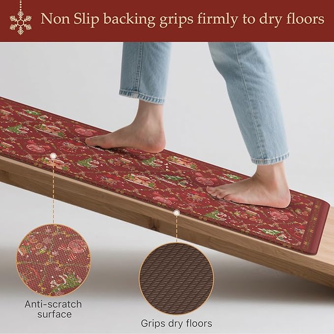GENIMO Christmas Decorations - Kitchen Mats for Floor, 2PCS Christmas Kitchen Rugs, Cushioned Anti Fatigue Mat for Home Decor, Waterproof Non Slip Standing Mat for Laundry, 17.3"x47"+17.3"x30", Red