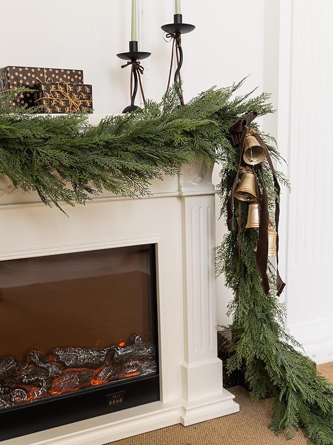 9ft Handmade Christmas Garland,Artificial Cypress Cedar Pine Greenery Seasonal Garland for Christmas Fireplace Winter Holiday Indoor Outdoor Decoration