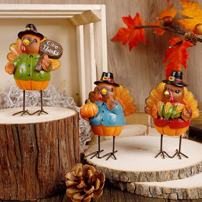 FORUP Thanksgiving Turkey Tabletop Centerpiece Decor, Set of 3 Resin Turkey Friends Decoration for Autumn Fall Thanksgiving Harvest Home Decorations