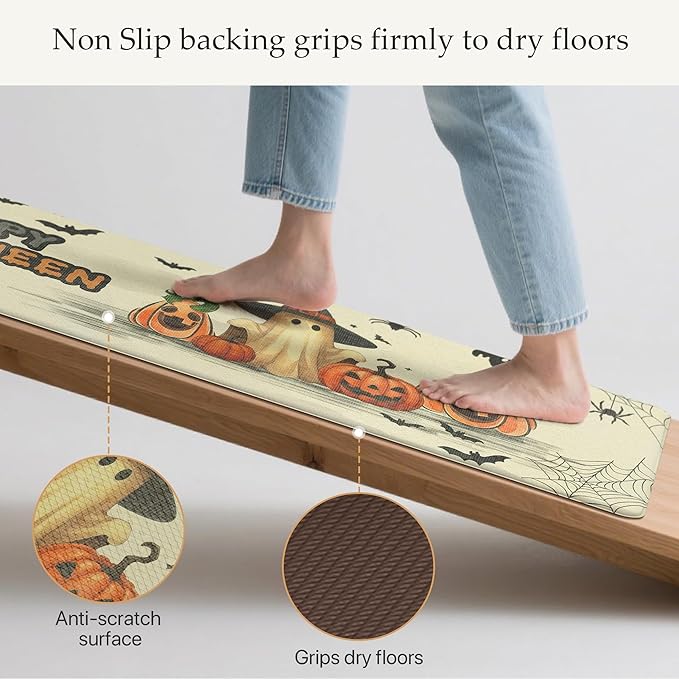 GENIMO Halloween Decorations - Kitchen Mats for Floor, 2PCS Kitchen Rugs, Cushioned Anti Fatigue Mat for Home Decor, Waterproof Non-Slip Comfort Standing Mat for Laundry, 17.3"x59"+17.3"x30", Beige