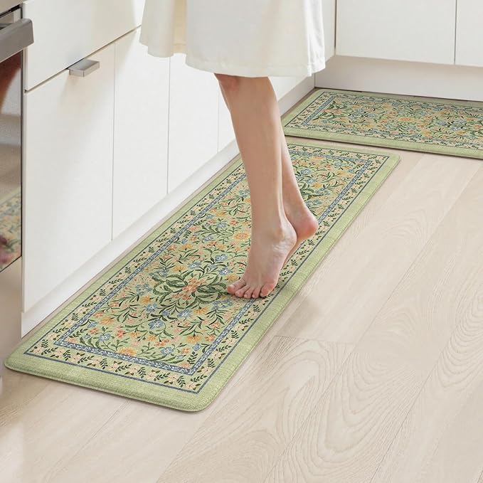 Collive Anti Fatigue Mat for Kitchen Floor, Green Floral Kitchen Mats for Floor Set of 2, Cushioned Waterproof Sink Rugs Non Slip Comfort Standing Rug for Office, Laundry, Desk
