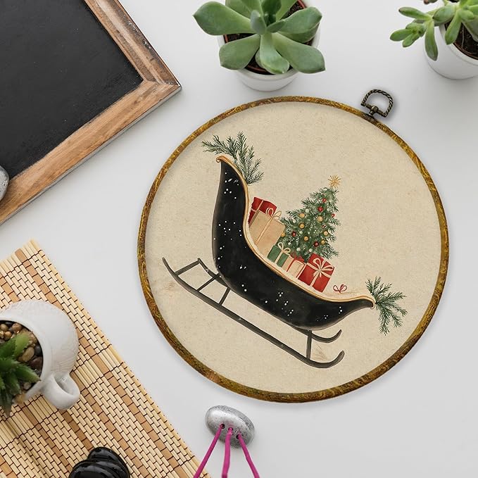 XPH Vintage Christmas Sleigh Round Wall Art Framed, Rustic Winter Christmas Circle Wall Decor, Neutral Cozy Winter Xmas Hanging Canvas Prints for Home Bedroom Living Room Decoration, 10x10 Inch