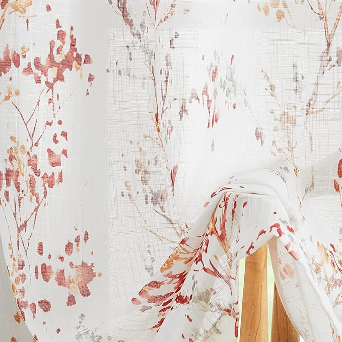 Tree Print Semi-Sheer Curtains 63inch Length White Red Orange Branch Curtain Panels for Living Room Bedroom Linen Textured Look Privacy Semi Sheer Curtains 2pcs Grommet Top