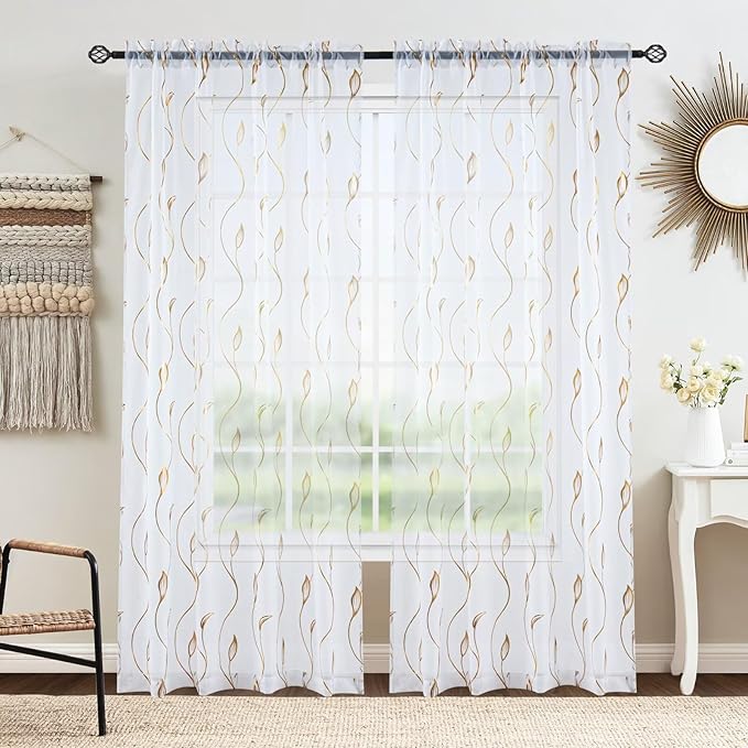 Gold Foil Print Sheer Curtains 84 inches Long, 2 Panels Wicker Bronzing Treatment Sheer Curtain, Rod Pocket Window Treatment Panels for Bedroom Living Room