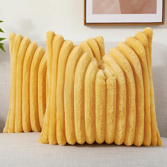 decorUhome Faux Fur Throw Pillow Covers 24x24 Set of 2, Decorative Soft Plush Striped Neutral Couch Euro Pillow Covers with Velvet Back for Sofa, Bed, Living Room Home Decor, Mustard Yellow