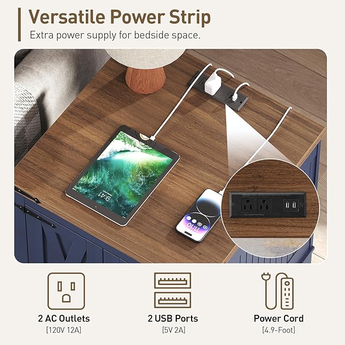Farmhouse Side Table, Large End Table with Charging Station, Bedside Table with Adjustable Shelf and Barn Door, Wooden Nightstand for Living Room, Bedroom, Ink Blue and Walnut