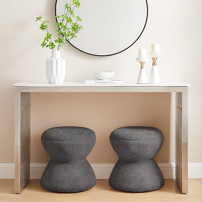 Multi-Functional Boucle Ottoman, Vanity Stool Chair, Sturdy Wooden Footstool, Suitable for Living Room, Bedroom, and Entryway, Without Installation, Dark Grey