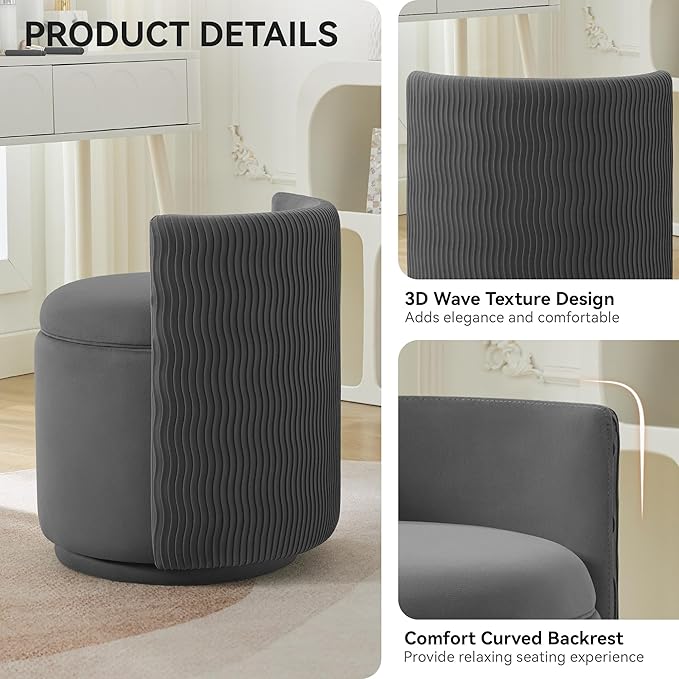 Velvet Vanity Chair with Storage, 360° Swivel Makeup Chair with Wave Back, No Assembly Small Accent Stool for Bedroom, Dressing, Living Room, Grey