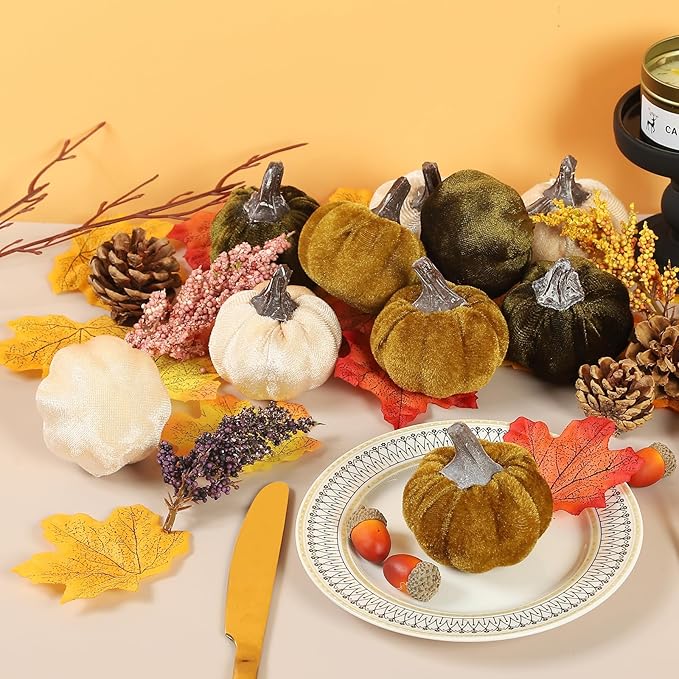 12pcs Velvet Fake Pumpkins Fall Decor Faux Small Foam Fabric Pumpkin for Autumn Table Centerpiece Party Farmhouse Harvest Thanksgiving (Cream/Lime Green/Forest Green)