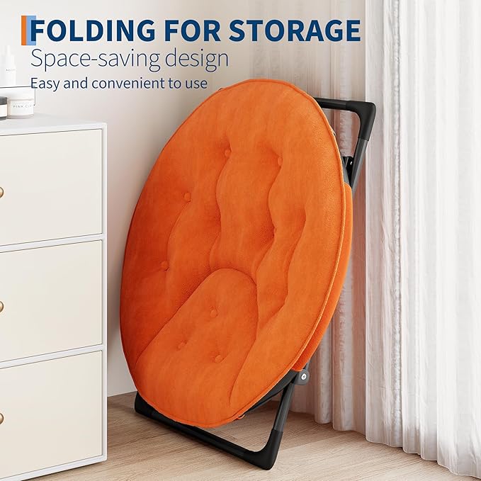 Folding Faux Fur Saucer Chair,Portable Folding Soft Moon Chair,Comfortable Lounge Chair with Metal Frame for Bedroom, Dorm Rooms, Apartments, Lounging, Garden and Courtyard, Orange