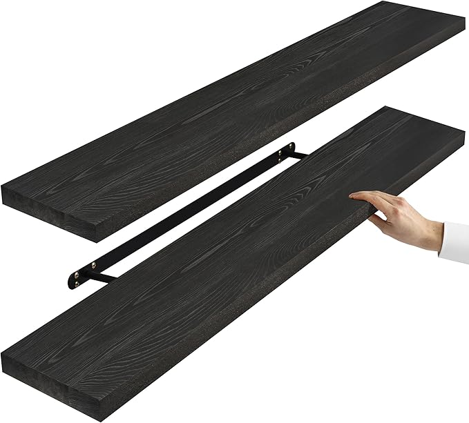 Sorbus Wood Floating Shelves for Wall - 35” Solid Wood Wall Shelves for Bathroom Decor, Books, Bedroom & Living Room - Set of 2 Black Wall Mounted Kitchen Shelves - Durable Solid Pine