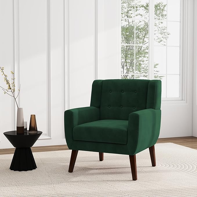 UIXE Accent Chair, Velvet Upholstered Armchair for Living Room, Modern Club Arm Chairs Comfy Single Sofa Button Tufted Bedroom Reading Seat - Retro Green, Set of 1