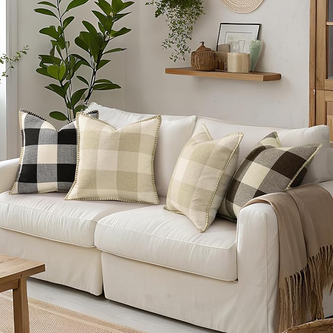 decorUhome Christmas Buffalo Plaid Check Throw Pillow Covers 16x16 Set of 2, Outdoor Linen Decorative Farmhouse Gingham Pillow Covers with Stitched Edge for Bed Couch Sofa, Black and White