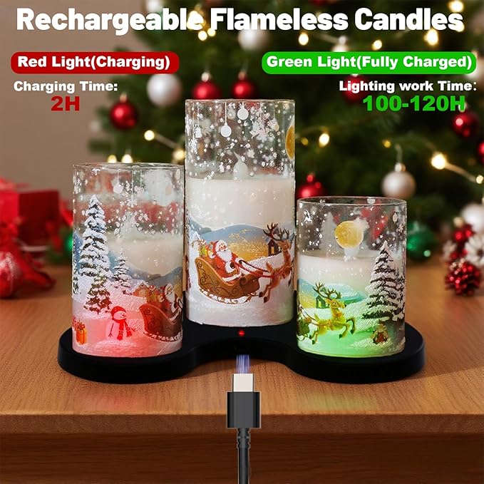 DRomance Santa Glass Flameless Candles Rechargeable Battery Operated with Remote and Timer Real Wax LED Flickering Pillar Candles White Cold Light Window Christmas Holiday Decor D3 x 4",5",6"