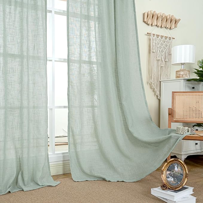 LAMIT 102 Inch Length Light Filtering Sheer Linen Curtains, Linen Textured Semi Sheer Back Tab and Rod Pocket Natural Boho Drapes for Living Room/Farmhouse, 2 Panels, Light Sage, 52 x 102 Inch