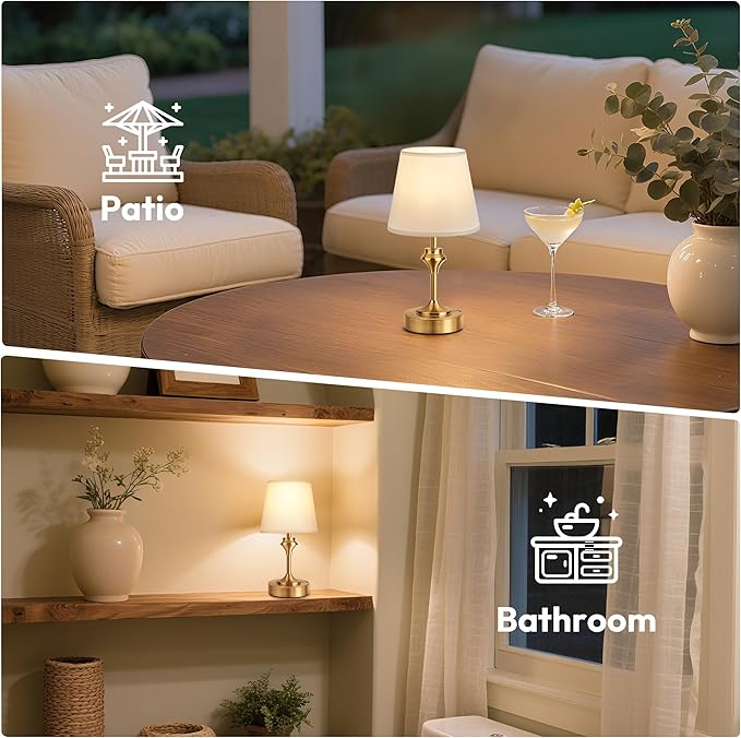 NIORSUN Portables Cordless Table Lamp, 10.2" Battery Operated Lamp, Bedside Table Lamp with Warm White,3 Way Dimmable Touch Desk Lamp for Bedroom Living Room Restaurant Whtie Shade (Gold)