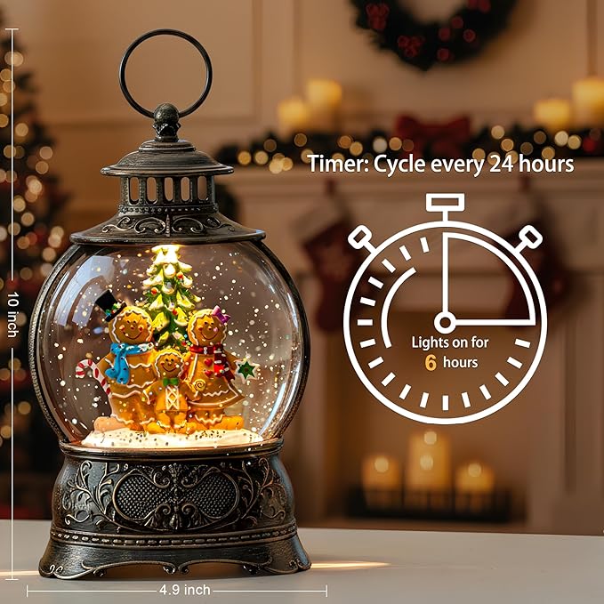 9.8" Christmas Snow Globe Water Lantern with Gingerbread Scene Battery Operated or USB Powered Musical Lighted Holiday Decoration for Tabletop Display for Family and Friends