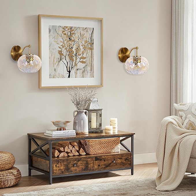 Gold Wall Sconce Light Colorful Hammered Glass Vanity Lighting Brushed Brass Wall Lamp for Bathroom Over Mirror