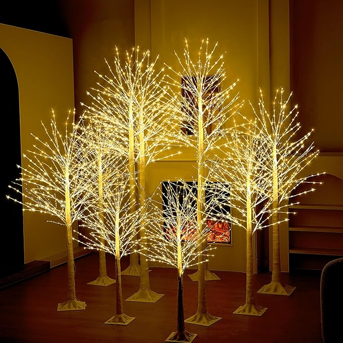 Baquler 10 Pack Lighted Birch Tree - Artificial LED Warm-White Light Birch Tree Decoration for Christmas Holiday Party Wedding Festival Decor, Indoor & Outdoor (4 5 6 7 8 ft)