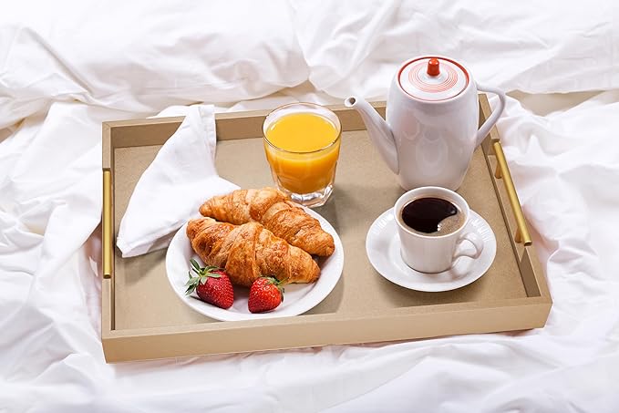 17" x 12" Wood Serving Tray with Gold Polished Metal Handles, Home Decorative Wooden Rectangle Ottoman Leather Decor Platter Bathroom Vanity Tray for All Occasions Khaki