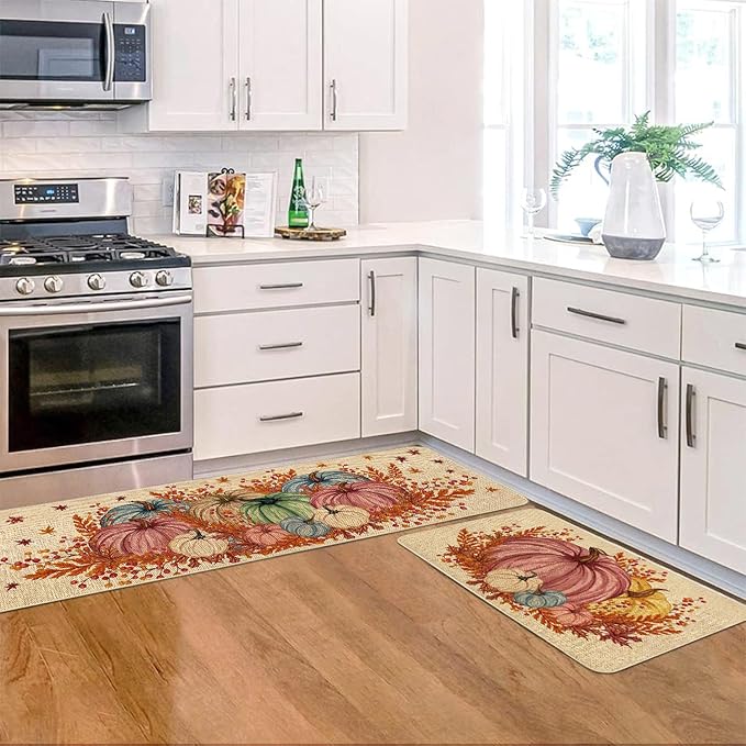 VAKADO Fall Kitchen Pumpkin Rugs Mat Set of 2, Home for Decor Door Front Floor Decorations Leaf Stain Halloween Thanksgiving Fade Resistant Non-Slip Rubber Backing Rug (17x29 Inch,17x47 Inch)