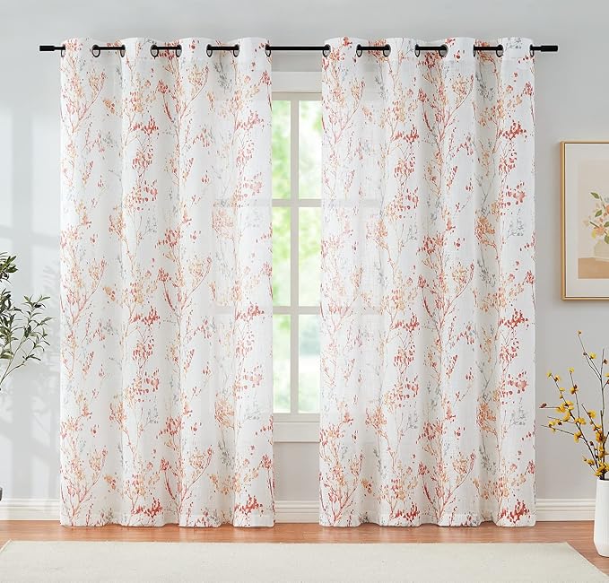 White Semi Sheers Curtains with Red Orange Tree Branch Print Pattern Window Curtains for Living-Room 84" Grommet Top Privacy Curtain Drapes Watercolor Design Curtain Panels 2 pcs