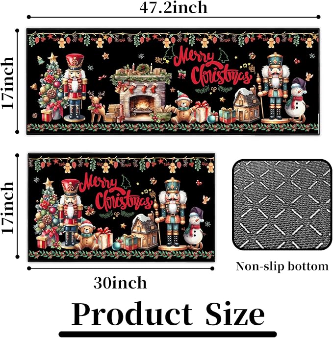 2 Piece Christmas Nutcracker Themed Kitchen Rug Set, Soft and Absorbent Non-Slip Kitchen Floor Mats, Winter Merry Christmas Decor 17x30+17x47 Inches