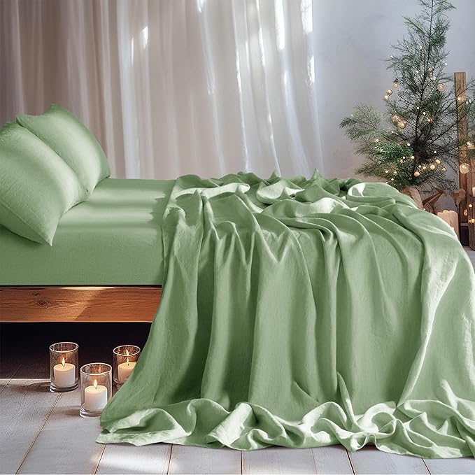 LBRO2M 100% Linen Sheet Set California King Size,Bed Sheets 4 Piece Sets,Solid Color Natural Flax Bed Sheets Soft Breathable Bedding,16" Deep Pocket,All Season (Clifornia King, Green)