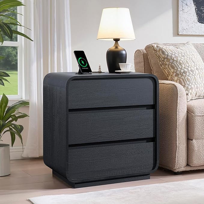 Black Night Stand Set of 2 with Charging Station, 25" Tall Wood Nightstand, Modern Dresser End Table with 3 Storage Drawers, Curved Profile, Mid Century Bedside Table for Bedroom Office