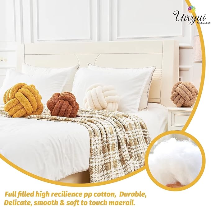 Uvvyui Knot Pillow Ball, Soft Home Decorative Pillows, Round Throw Pillow, Handmade Knotted Plush Pillow, Round Boucle Pillow Cushion (14 Inches Dark Yellow)