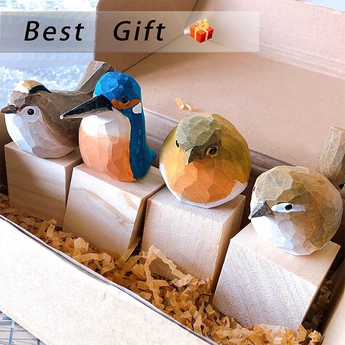 Handmade Wooden Carved Bird Decor Sculpted Hand-Painted Bird Figurines Small Home Decor Bird Statue Shelf Decor BFF Gifts for Bird Lovers (Suit-New)