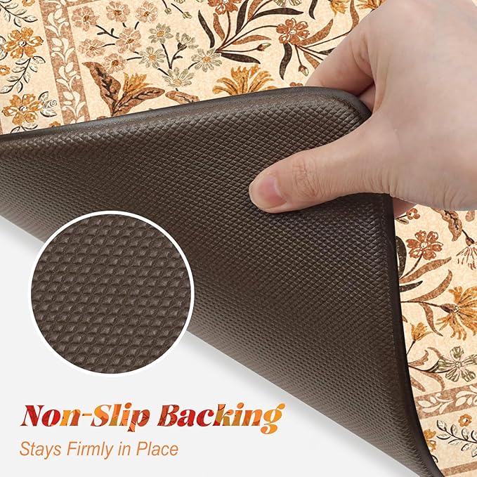 Collive Anti Fatigue Mats for Kitchen Floor, Cushioned Fall Kitchen Mat Comfort Waterproof Padded Sink Rugs Non Slip, Boho Orange Floral Standing Rug for Office, Autumn Home Decor, 17"x29"+17"x59"